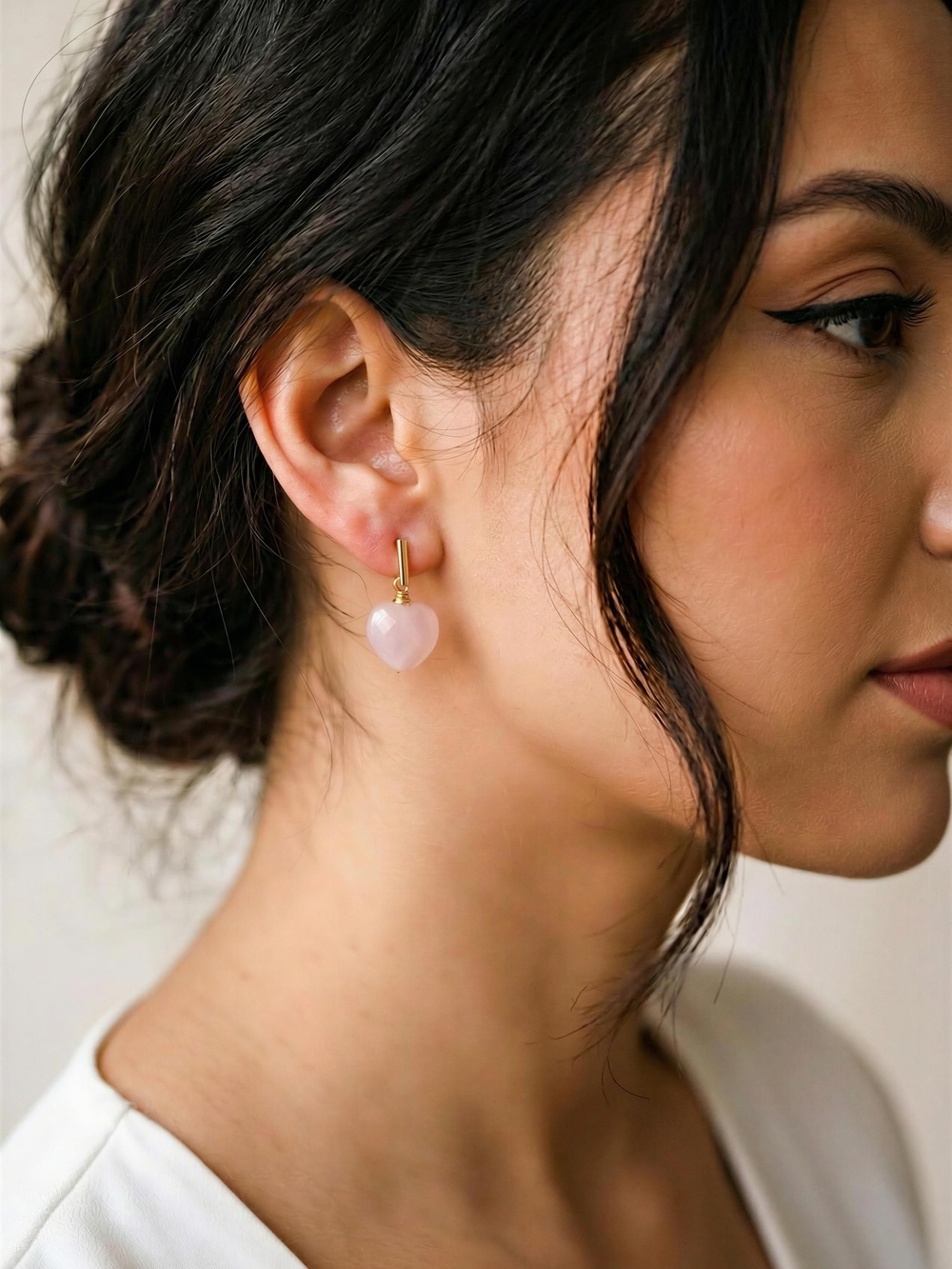 Delicate Pink Rose QuartZ Heart Drop Earrings - Gold Hoop